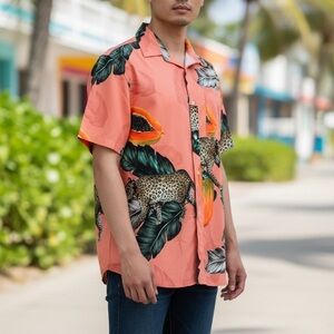 Mavrans Men's Coral Tropical Print Short Sleeve Shirt Size M
